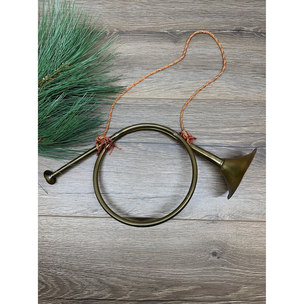 Vintage Medium Patina Brass Decorative Hunting Horn Red Gold Rope 13x6.5x3.5"